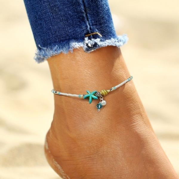 Anklet Bracelet with Stars and Shells Featuring Natural Stones