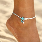 Anklet Bracelet with Stars and Shells Featuring Natural Stones