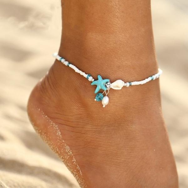 Anklet Bracelet with Stars and Shells Featuring Natural Stones
