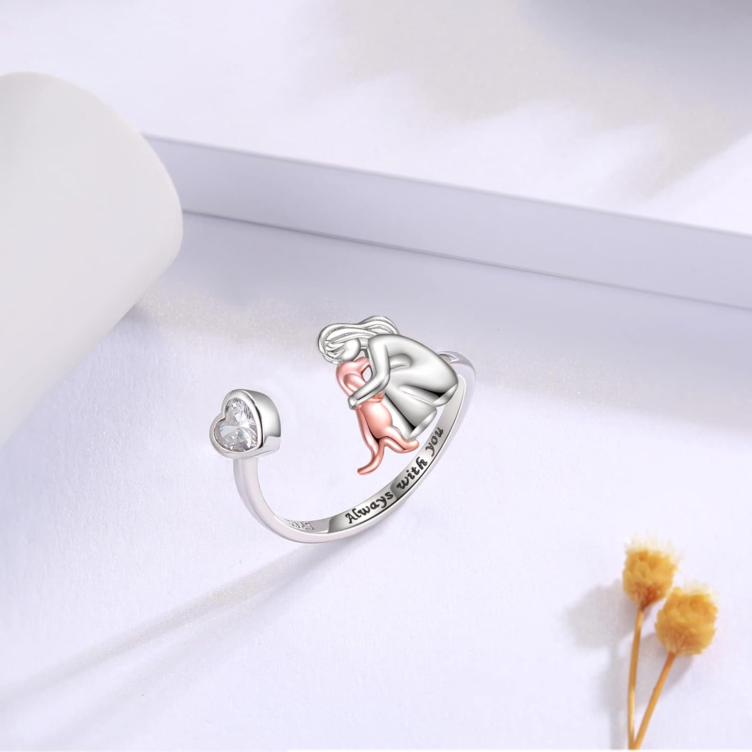 Adjustable Dog Ring in 925 Sterling Silver – “Forever in My Thoughts” with Zirconia
