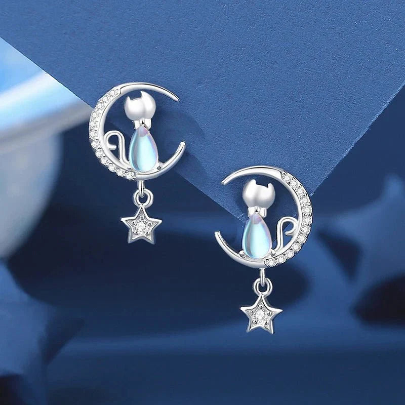 925 Sterling Silver Cat Earrings Featuring Moon & Star Design with Zircon