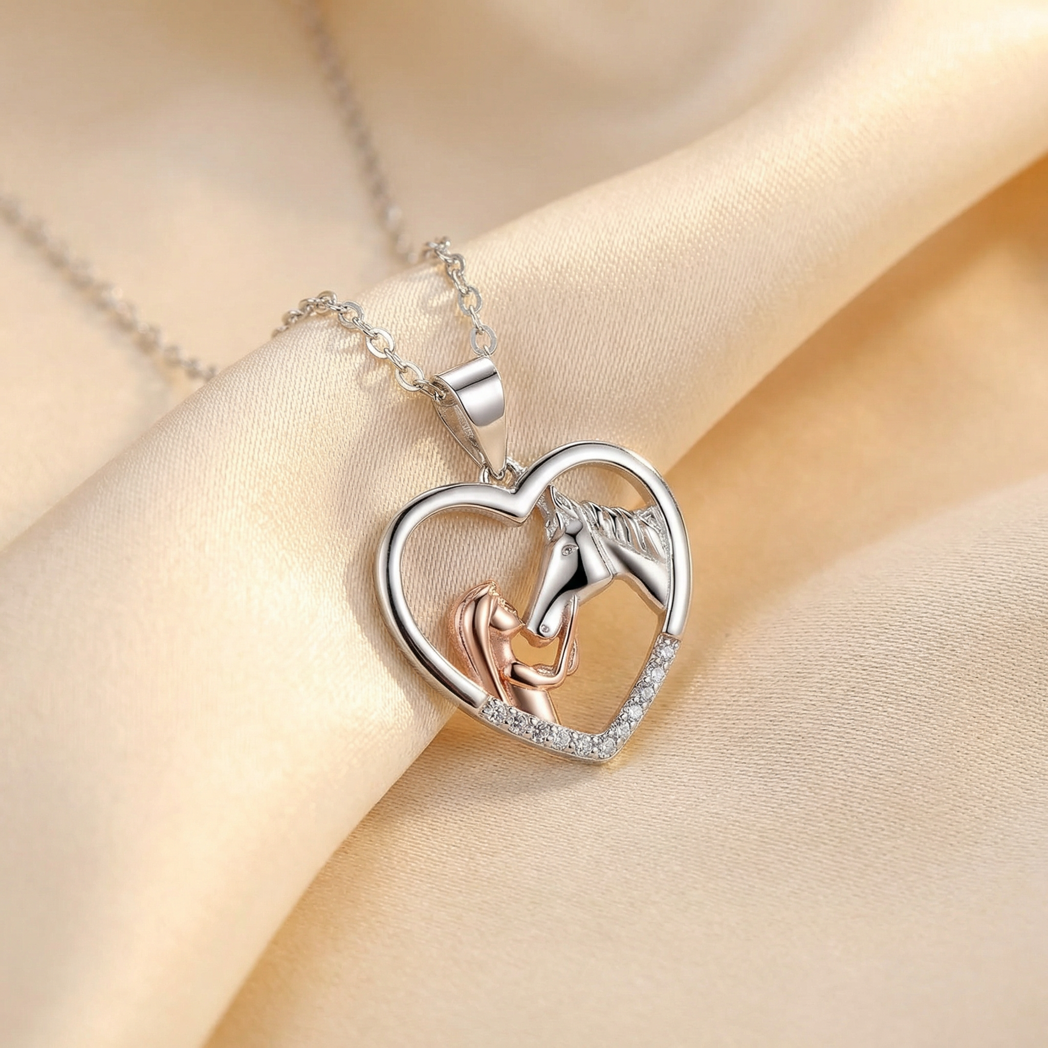 Lovely Heart Zircon Necklace Featuring Girl and Horse