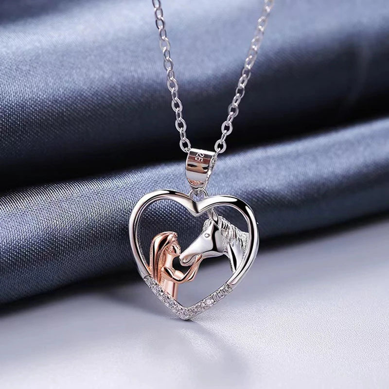 Lovely Heart Zircon Necklace Featuring Girl and Horse