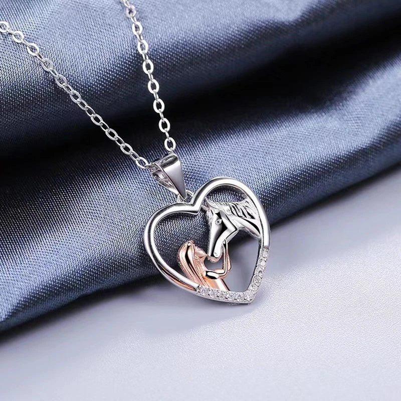 Lovely Heart Zircon Necklace Featuring Girl and Horse