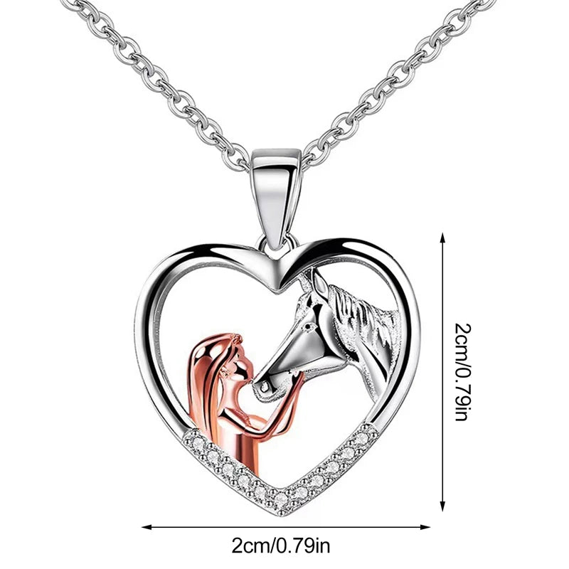 Lovely Heart Zircon Necklace Featuring Girl and Horse