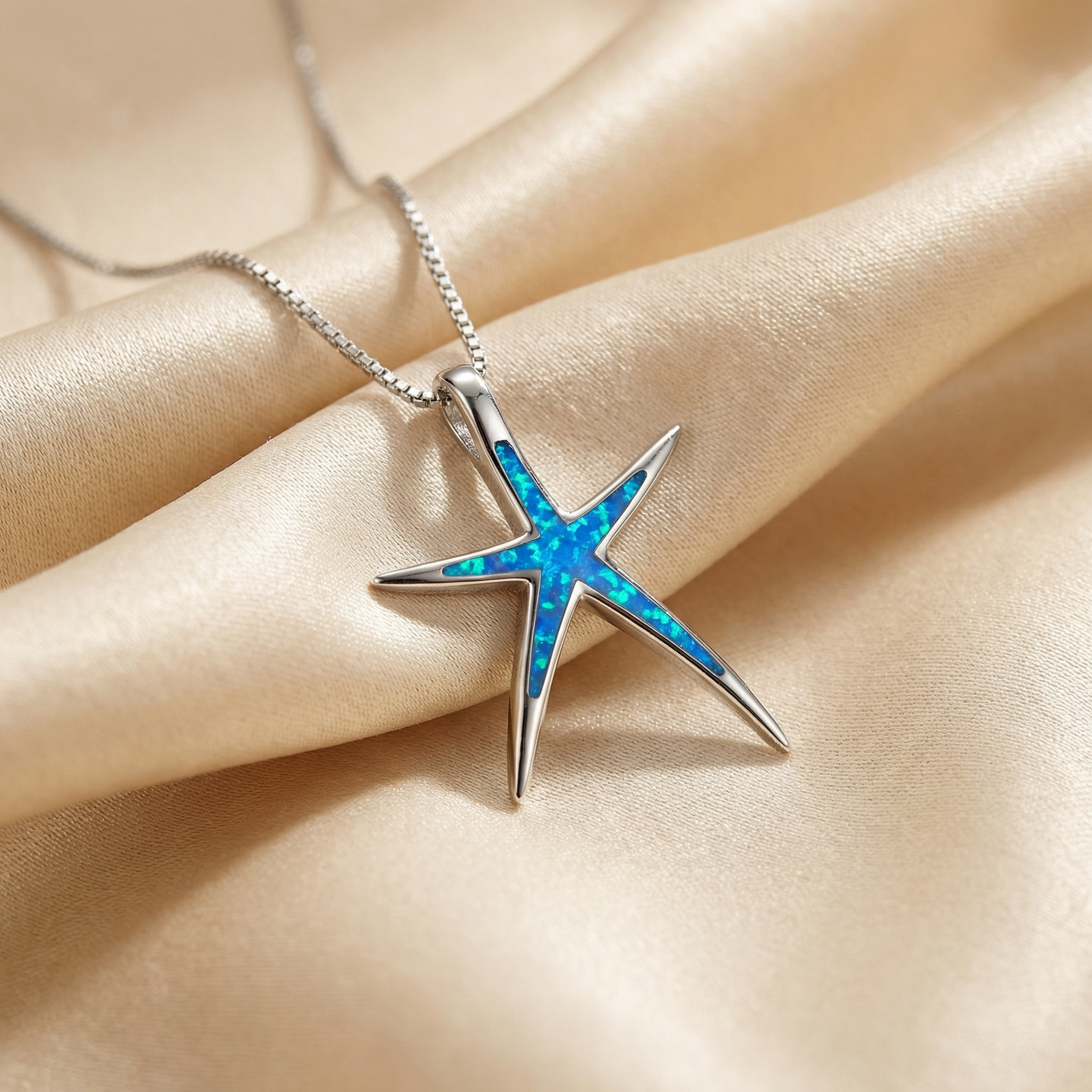 Silver Starfish Necklace with Blue Opal