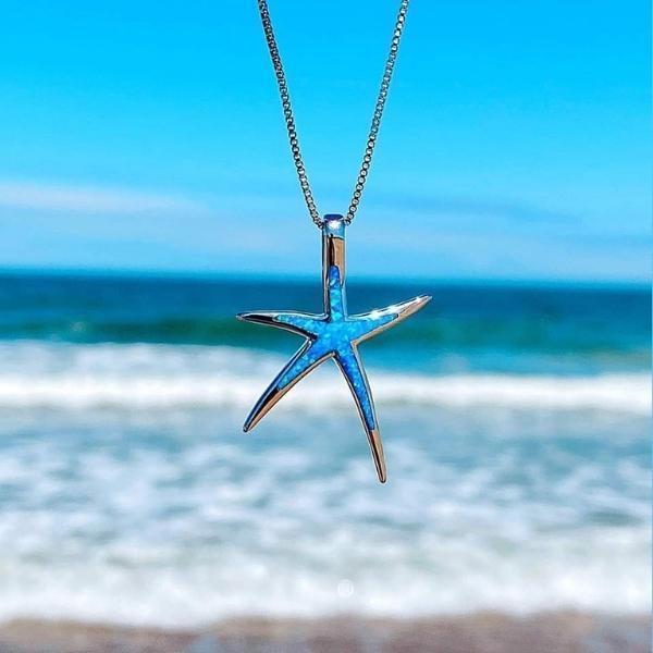 Silver Starfish Necklace with Blue Opal