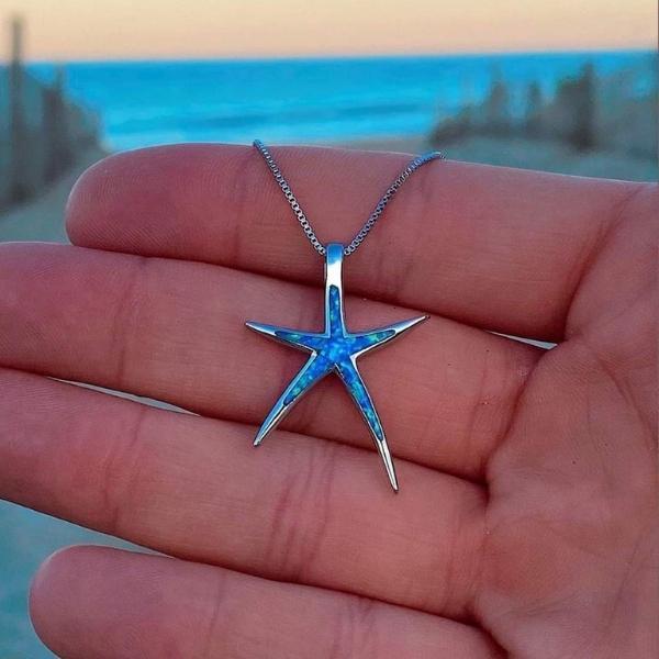 Silver Starfish Necklace with Blue Opal