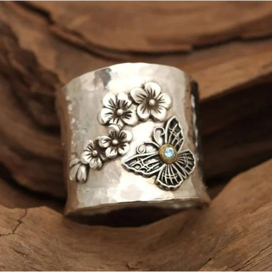 Butterfly Flower Bee Wide Band Ring