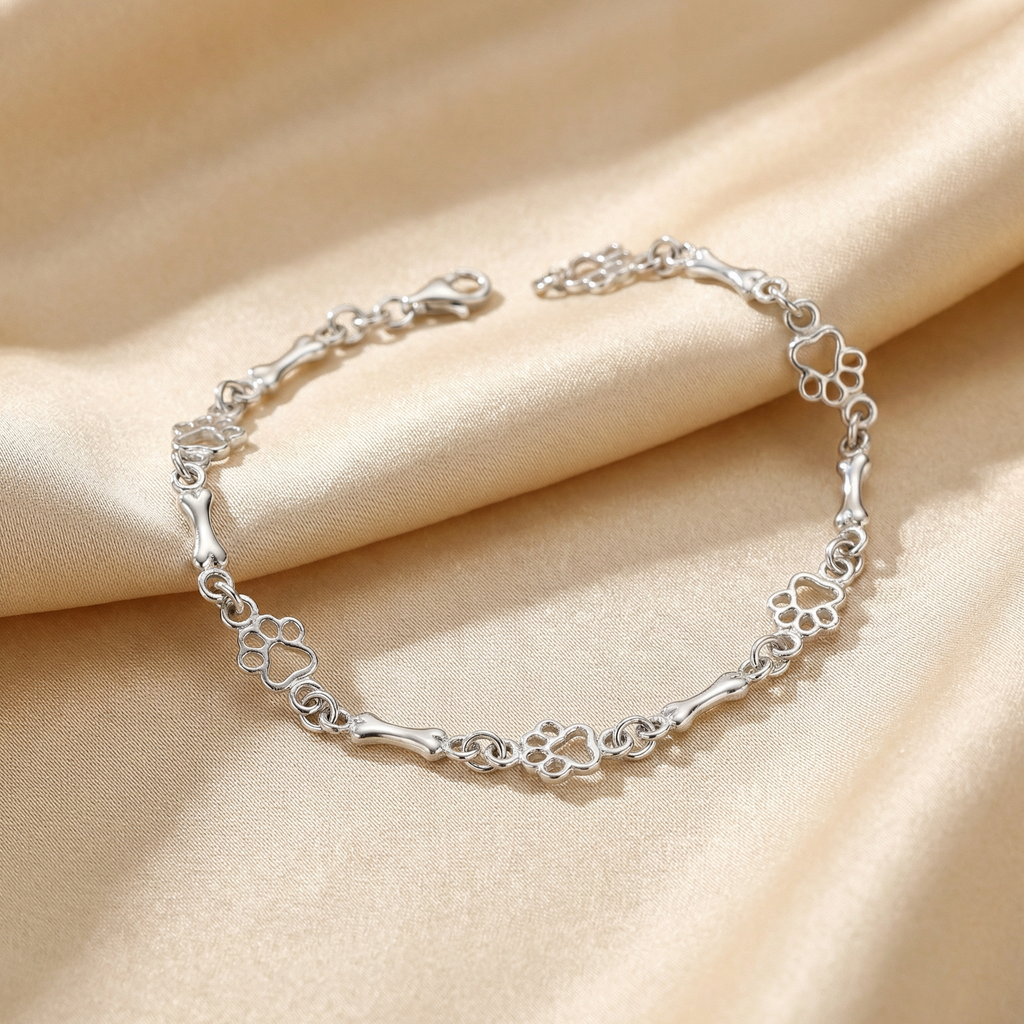 Exclusive Edition Genuine Silver Dog Paw and Bone Charms Bracelet