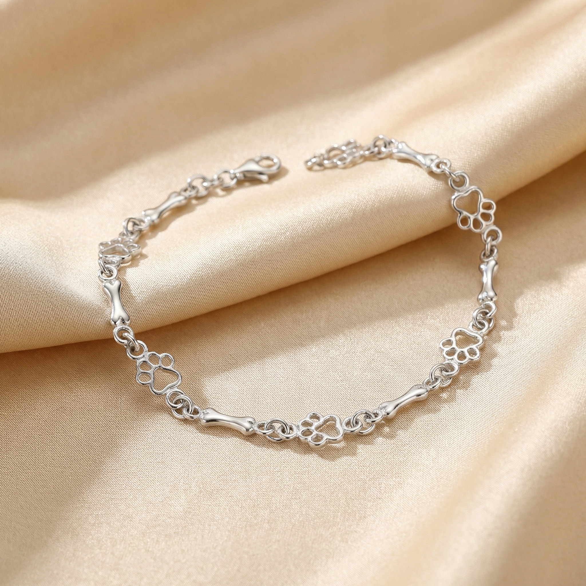 Exclusive Edition Genuine Silver Dog Paw and Bone Charms Bracelet