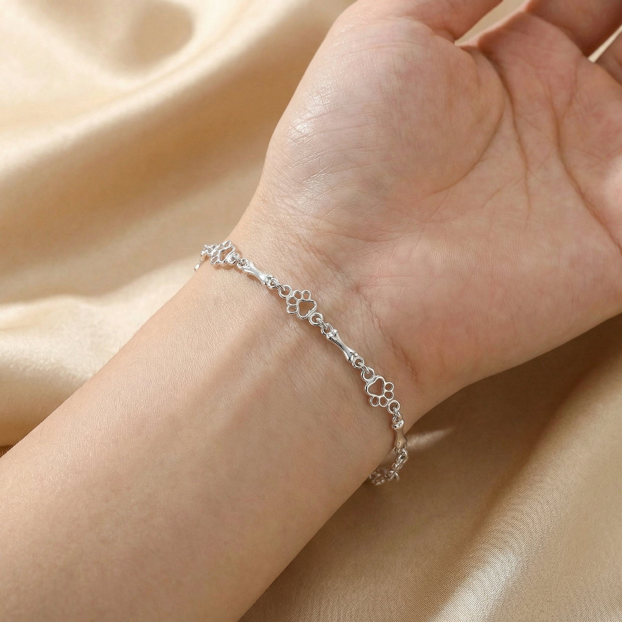 Exclusive Edition Genuine Silver Dog Paw and Bone Charms Bracelet