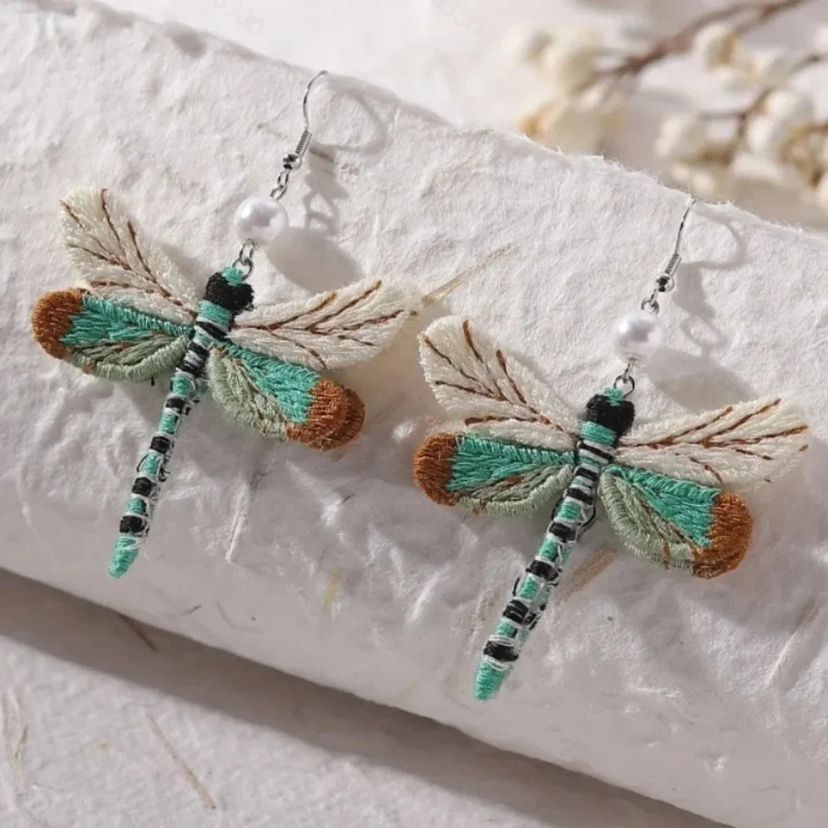 Bohemian Dragonfly Earrings with Embroidery