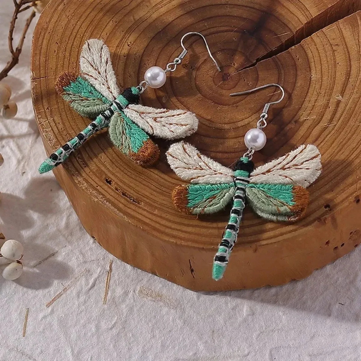 Bohemian Dragonfly Earrings with Embroidery