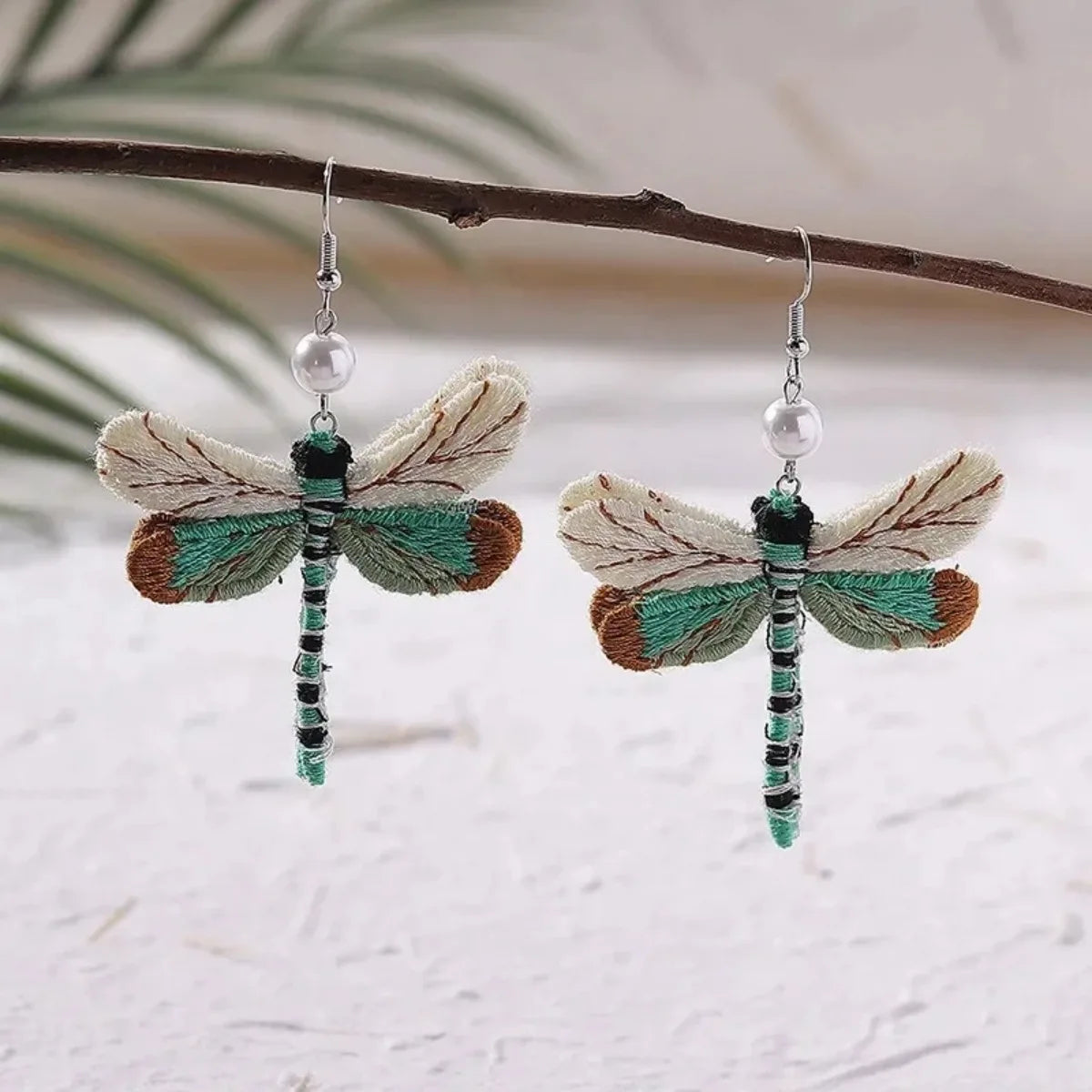 Bohemian Dragonfly Earrings with Embroidery
