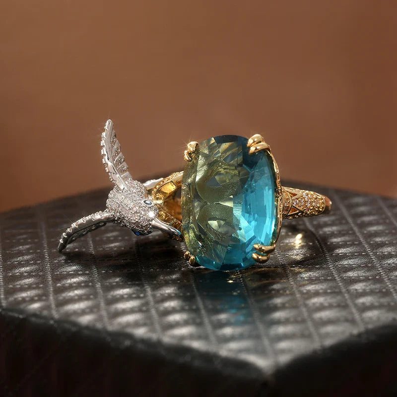 Adjustable Hummingbird Ring in Aquamarine Hue – 14K Gold Plated