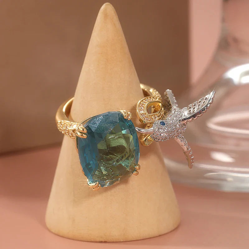 Adjustable Hummingbird Ring in Aquamarine Hue – 14K Gold Plated