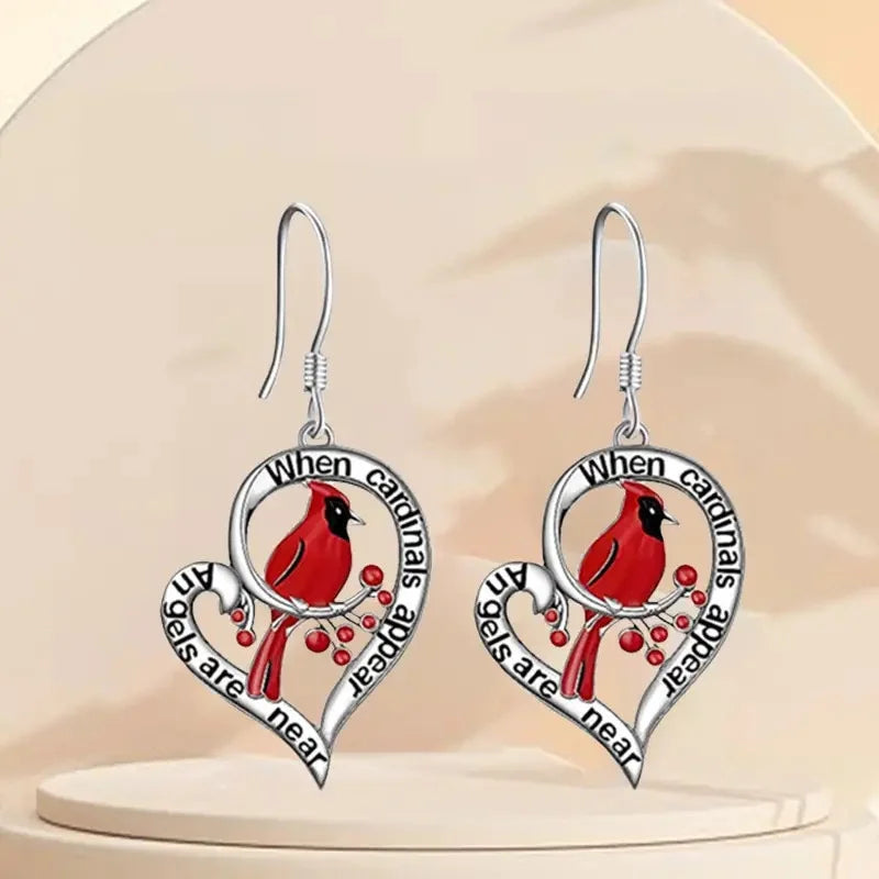 Cardinal Tribute Earrings – “When Cardinals Show Up, Angels Are Close” Heart Drop Style