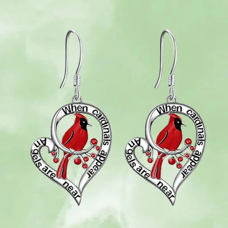 Cardinal Tribute Earrings – “When Cardinals Show Up, Angels Are Close” Heart Drop Style