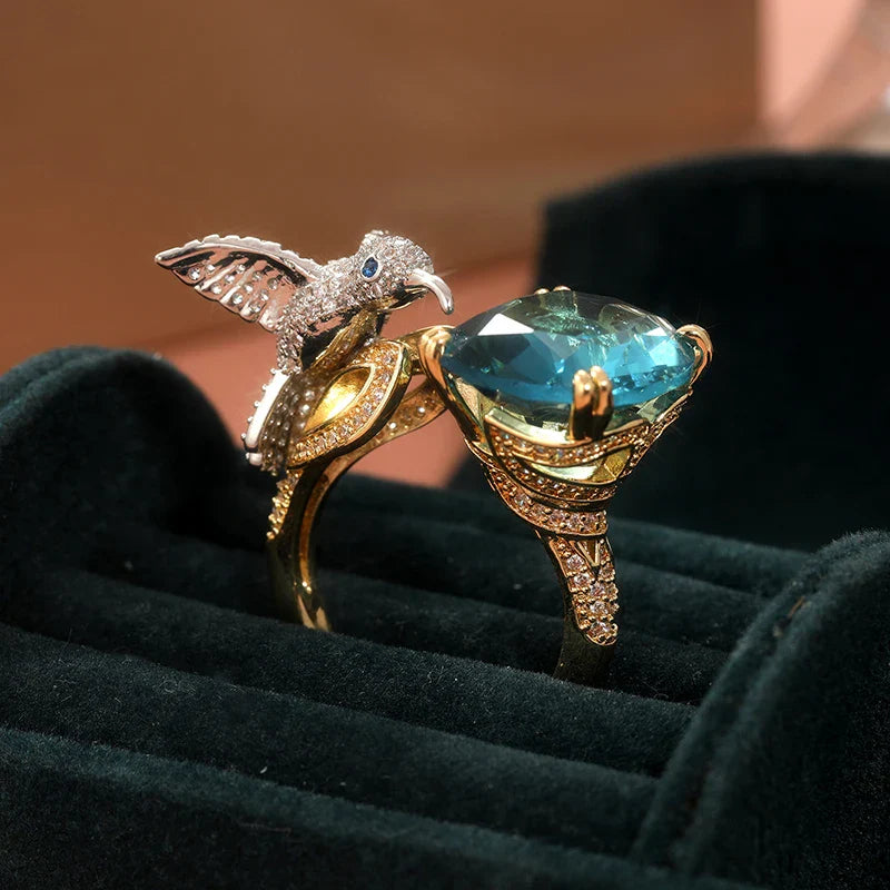 Adjustable Hummingbird Ring in Aquamarine Hue – 14K Gold Plated