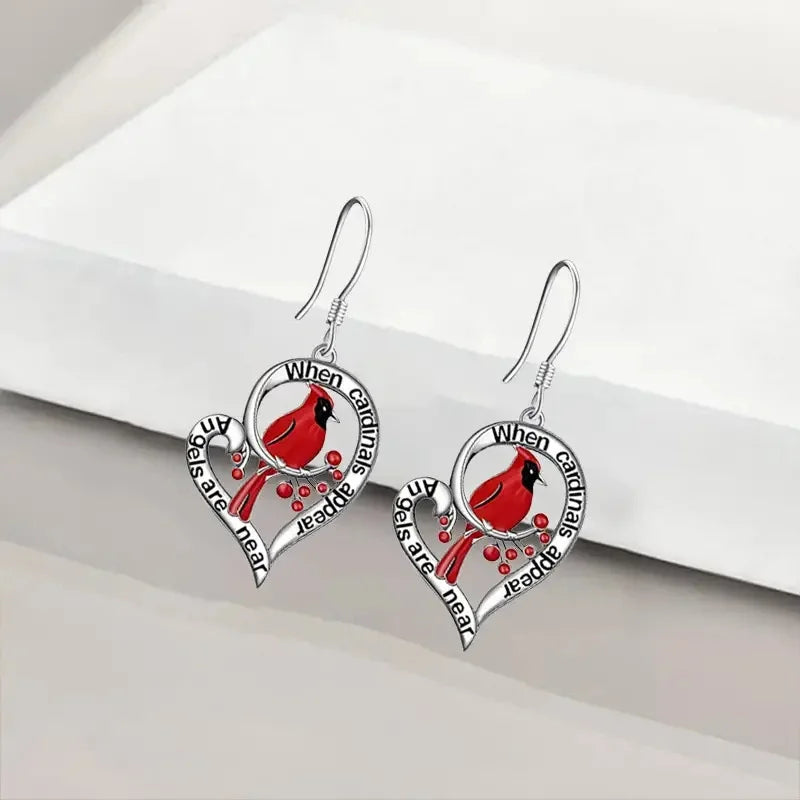 Cardinal Tribute Earrings – “When Cardinals Show Up, Angels Are Close” Heart Drop Style