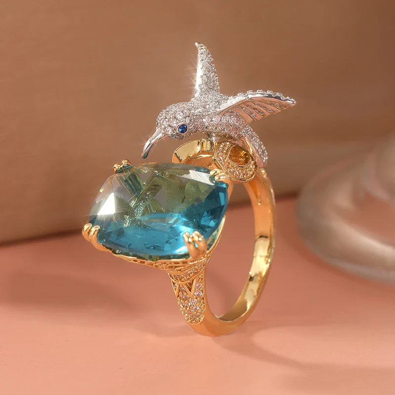 Adjustable Hummingbird Ring in Aquamarine Hue – 14K Gold Plated