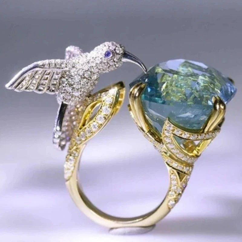 Adjustable Hummingbird Ring in Aquamarine Hue – 14K Gold Plated