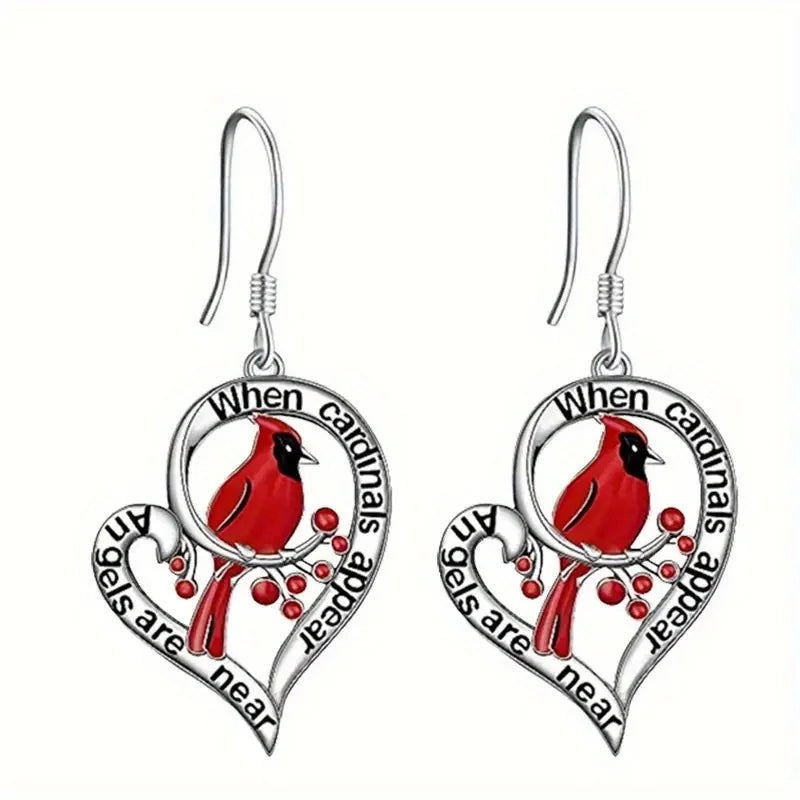 Cardinal Tribute Earrings – “When Cardinals Show Up, Angels Are Close” Heart Drop Style
