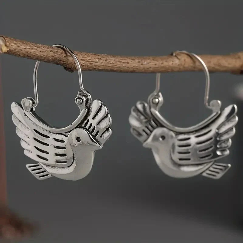Bohemian Bird-Themed Drop Earrings – Silver-Tone