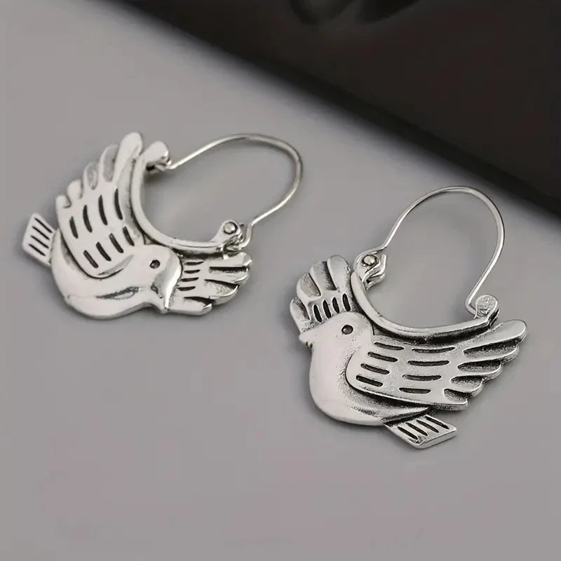 Bohemian Bird-Themed Drop Earrings – Silver-Tone