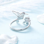 Adjustable Hummingbird Glitter Ring with Rhinestone Gem