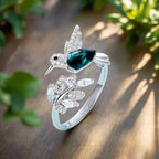 Adjustable Hummingbird Glitter Ring with Rhinestone Gem