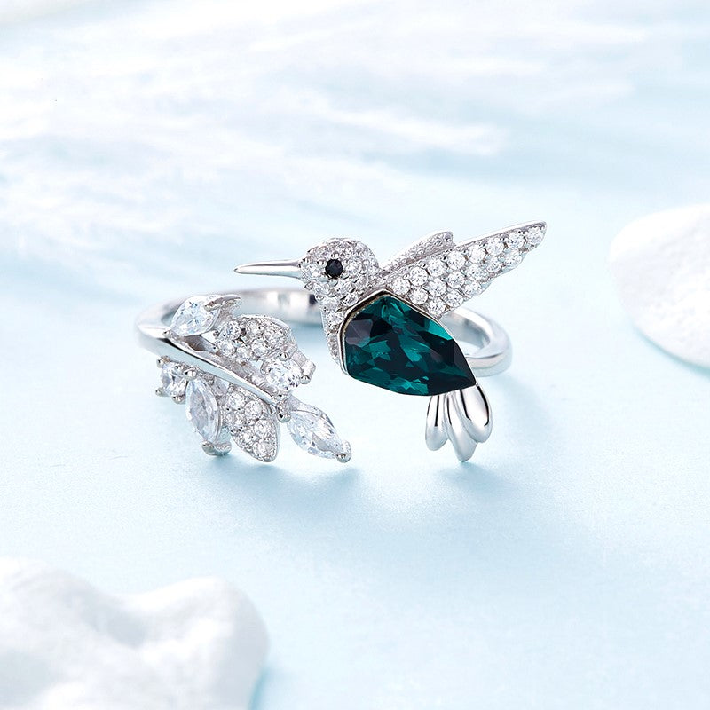 Adjustable Hummingbird Glitter Ring with Rhinestone Gem