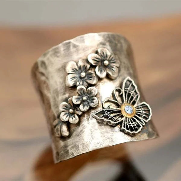 Butterfly Flower Bee Wide Band Ring