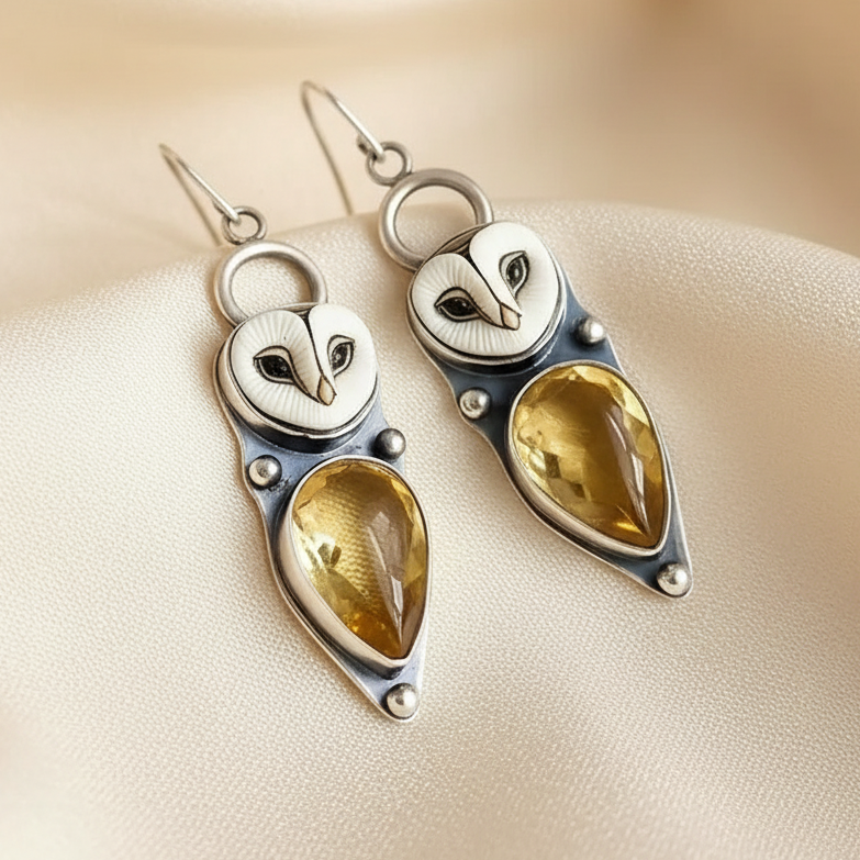 "Insight & Awe" Barn Owl Earrings - Silver Statement Drops