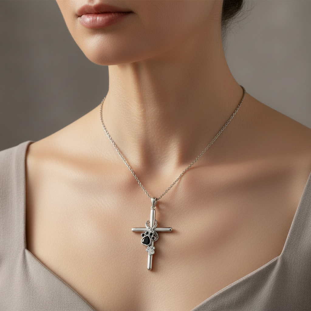 925 Sterling Silver Necklace with Paw and Cross