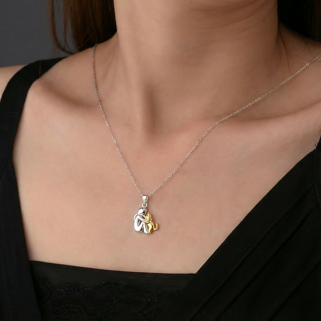 "Always in Your Thoughts" Cat Embrace Pendant Necklace