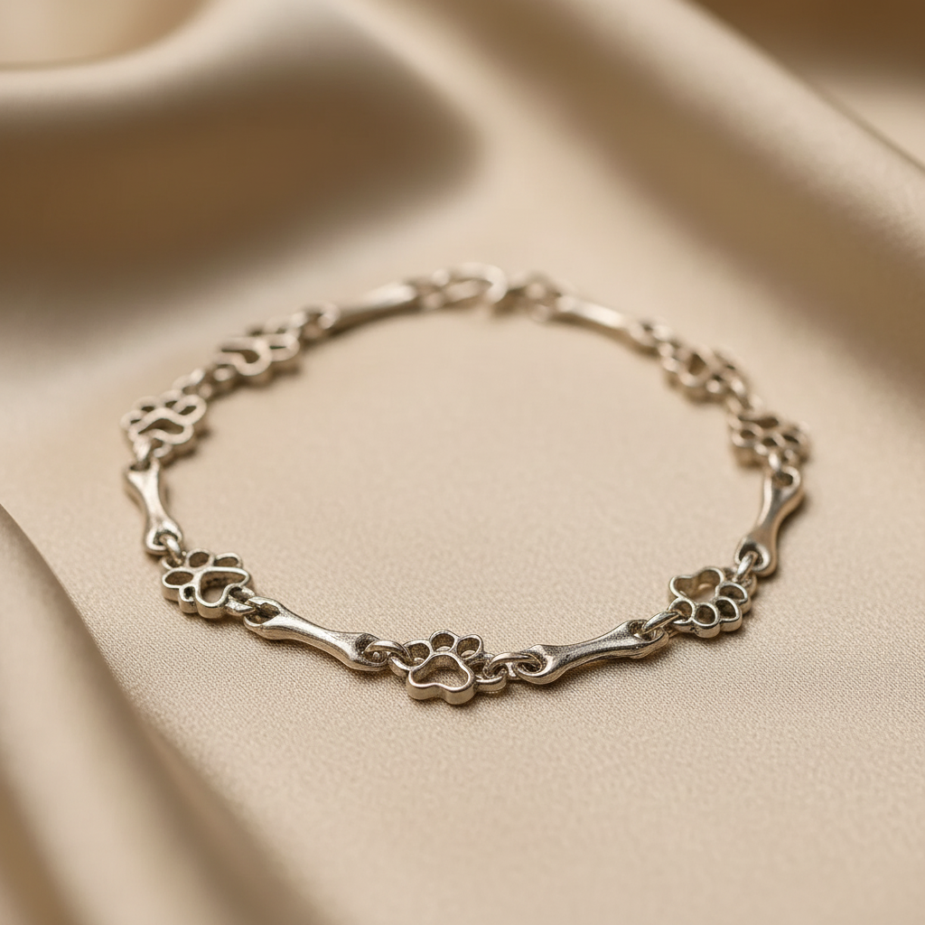 Exclusive Edition Genuine Silver Dog Paw and Bone Charms Bracelet