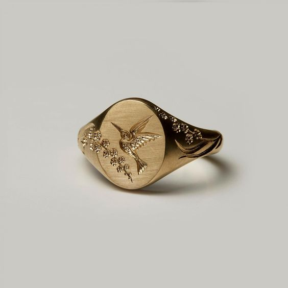 Antique Gold Hummingbird Emblem Ring