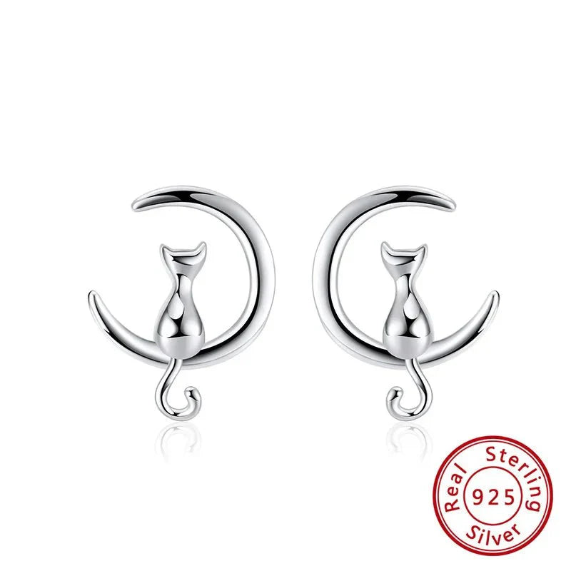 Cat & Moon Sterling Silver Stud Earrings
