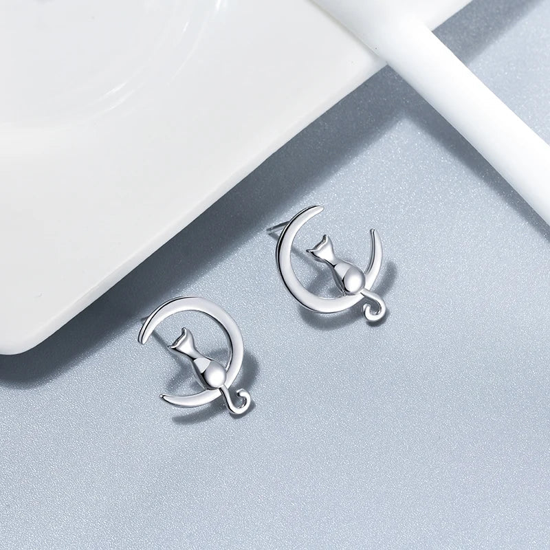 Cat & Moon Sterling Silver Stud Earrings
