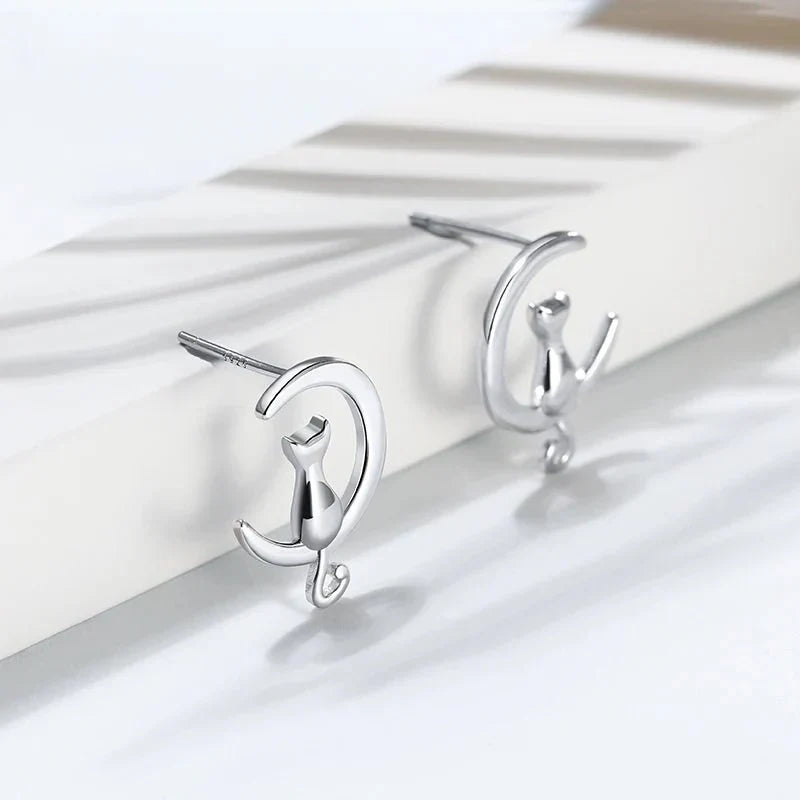 Cat & Moon Sterling Silver Stud Earrings