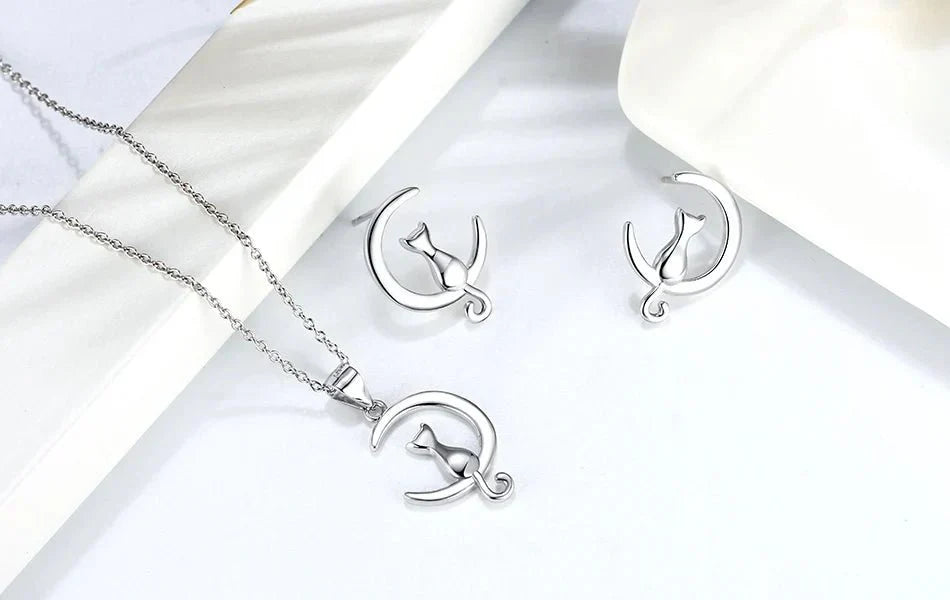 Cat & Moon Sterling Silver Stud Earrings