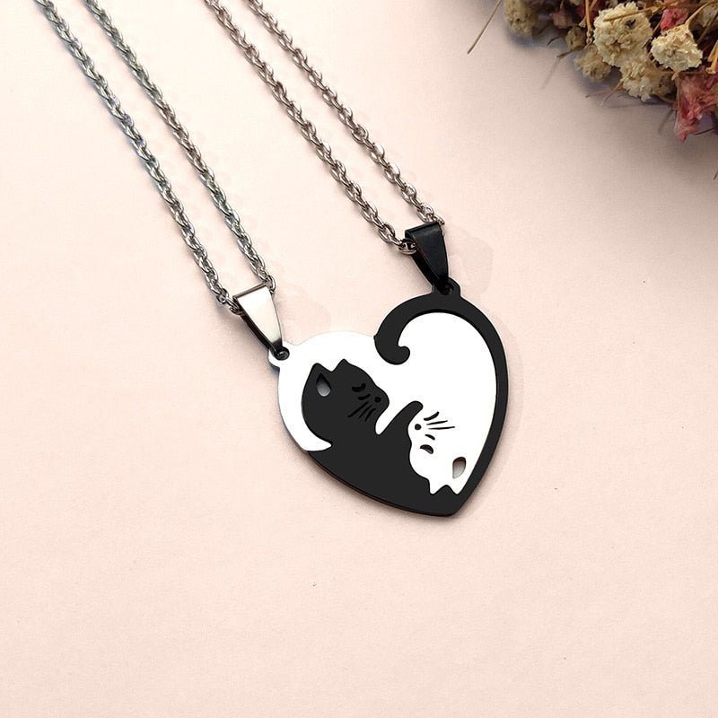 Black and white cat affection necklace with yin yang design